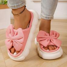 1 Pair Cute Solid Color Bow Cloth Lady House Slippers, Thick Anti-Slip Soft EVA Sole, Breathable Comfort Vamp, Suitable For All Seasons