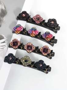 4pcs Rhinestone Flower Decor Hair Clip Can Do Multiple Shapes Elegant Flower Clip Claw Clips Hair Claws Hair Barrettes, School Stuff, Vacation Outfits Woman, Hair Accessories - Multicolor - View 2