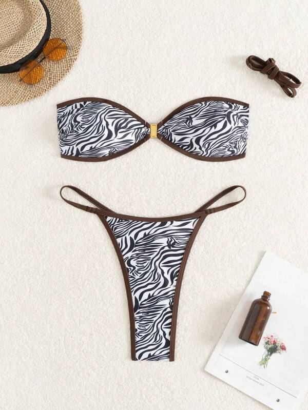Set di 2 pezzi di bikini per donna, con stampa all-over e bordi a contrasto, con fibbia metallica, adatto per l'estate e le vacanze al mare
