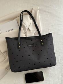 1pc Black PU Leather Zipper Pentagram Decor Fashion Versatile Casual Tote Bag, Suitable For Women Everyday Use - Black - View 5