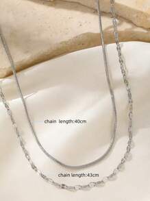 1pc Minimalist Stainless Steel Round Snake Chain Lip Chain Double Layer Necklace, Chic & Versatile For Daily Wear - Double Layer Necklace - View 5