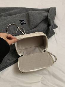 1 件时尚 PU 绗缝钻石刺绣盒状包，拉链小方形手提包带肩带，女士百搭单肩包 - 銀色 - 查看 7