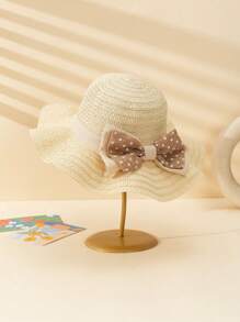 1pc Girls' Dual Layer Polka Dot Bow Decor Elegant Beige Wavy Brim Sun Hat, Suitable For Summer Outdoor, Beach, Wedding, Children Gift - Beige - View 6
