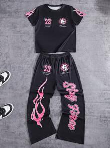 Tween Boy Casual Minimalist Cool Hip-Hop Math Letter Print Tween Boy Round Neck Short Sleeved Set With Micro Flared Pants, Suitable For Daily Outdoor Gatherings Wearing 2 Pieces Set - Black - View 2