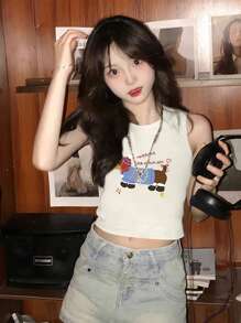 可爱腊肠犬印花短款背心，修身学院风女式无袖衬衫，凸显身材 - 白色 - 查看 7