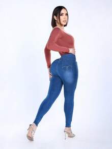 ZYANYA Jeans Mezclilla Levanta Pompas Vaqueros ajustados,  Jeans Ajustados Elegantes para Mujer con Bolsillos Diagonales, Versátiles y Cómodos - Azul - Ver 3