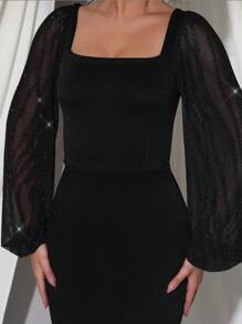 Modphy Black Heavy Industrial Diamond Sexy Long Sleeve Square Neck Fitted Lace-Up Dress, Elegant Holiday Party Women's Formal Evening Gown - Black - View 9