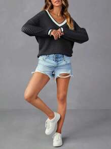 Women V-Neck Long Sleeve Casual Tennis Knit Sweater, Pullover Crochet Mesh Coverup Top - Black and White - View 4