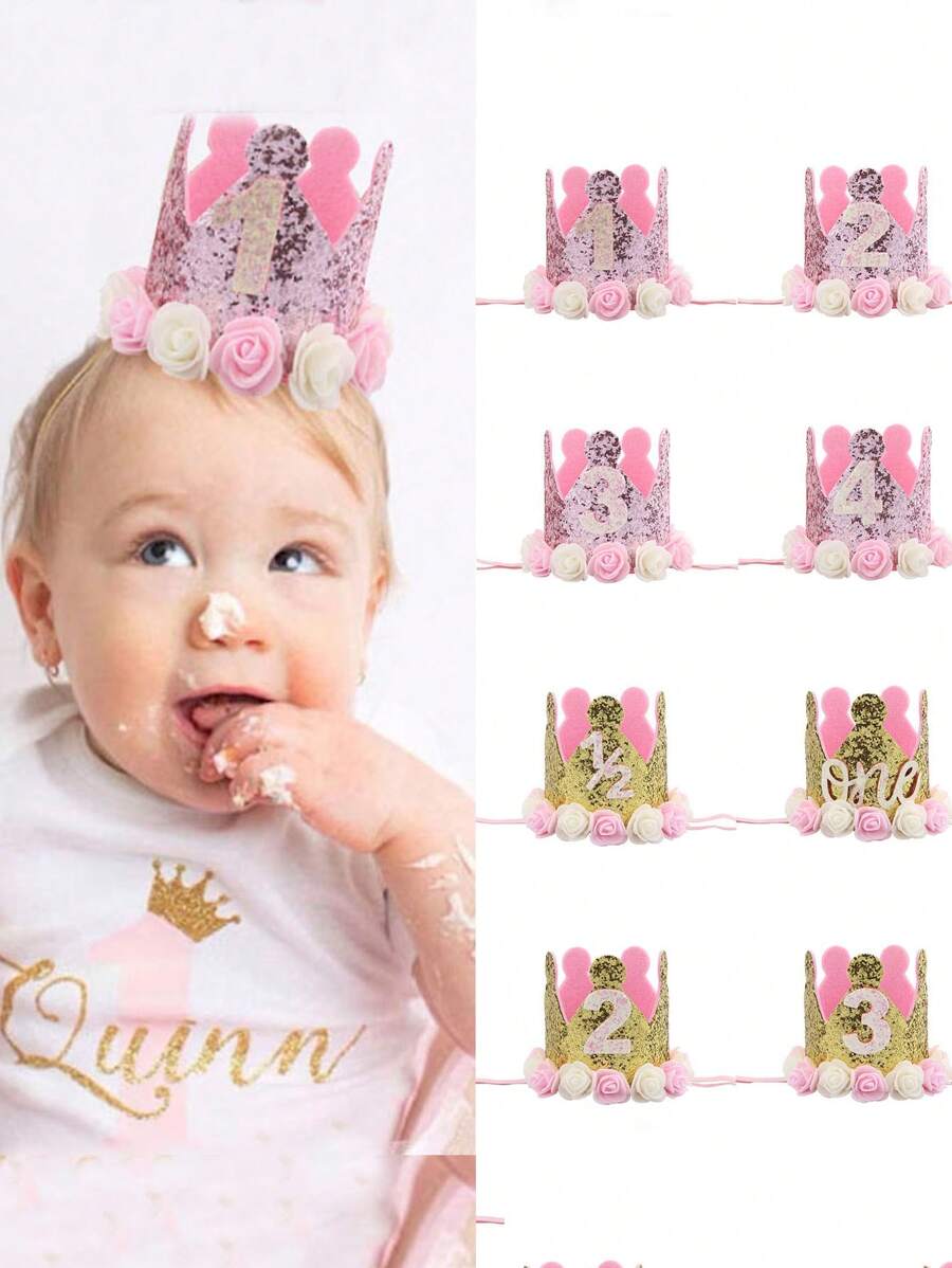 1 Decoración de corona rosa dorado para el primer cumpleaños de niñas bebé, decoración de fiesta, regalo de primer cumpleaños para la princesa bebé - Multicolor - Ver 1