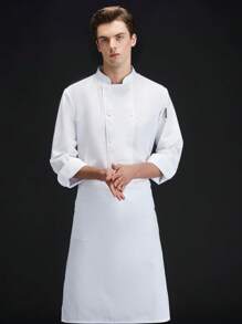 新款经典厨师服，长袖，双排扣，白色，高端酒店，餐厅，面包店，咖啡厅，采用精梳面料制成，亲肤舒适，透气，干净利落的剪裁设计，简洁优雅，小立领