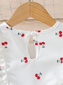Set 2 bucăți pentru fetiță, vară, alb, cireș, imprimeu, set de tricou și pantaloni scurți fără mâneci, costum pentru călătorii de vacanță primăvara și vara