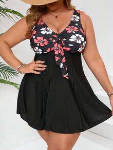 Neues Große Größen bedrucktes V-Ausschnitt Tankini Badeanzug 2-teiliges Set, Strand Outfit mit Shorts Tankini - Schwarz - Übersicht 2