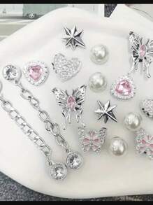 16pcs/Set Rhinestone Chain, Pink Crystal Heart, Butterfly, Pearl, 7-Pointed Star Resin Fashion Simple Ins Style DIY Shoe Decorations