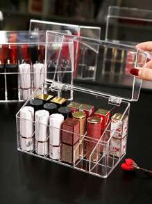 1 pieza Soporte con tapa para 18 lápices labiales, organizador de almacenamiento rectangular y redondo a prueba de polvo para lápices labiales, brillo de labios, pinceles, organizador de maquillaje con múltiples compartimentos y gradiente, expositor acrílico para esmalte de uñas con tapa transparente