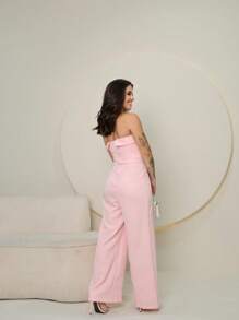 SUPER !!! Strapless Jumpsuit With Padded Pants And Pockets, Contrasting Waist - Baby Pink - View 2