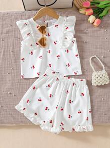 Set 2 bucăți pentru fetiță, vară, alb, cireș, imprimeu, set de tricou și pantaloni scurți fără mâneci, costum pentru călătorii de vacanță primăvara și vara