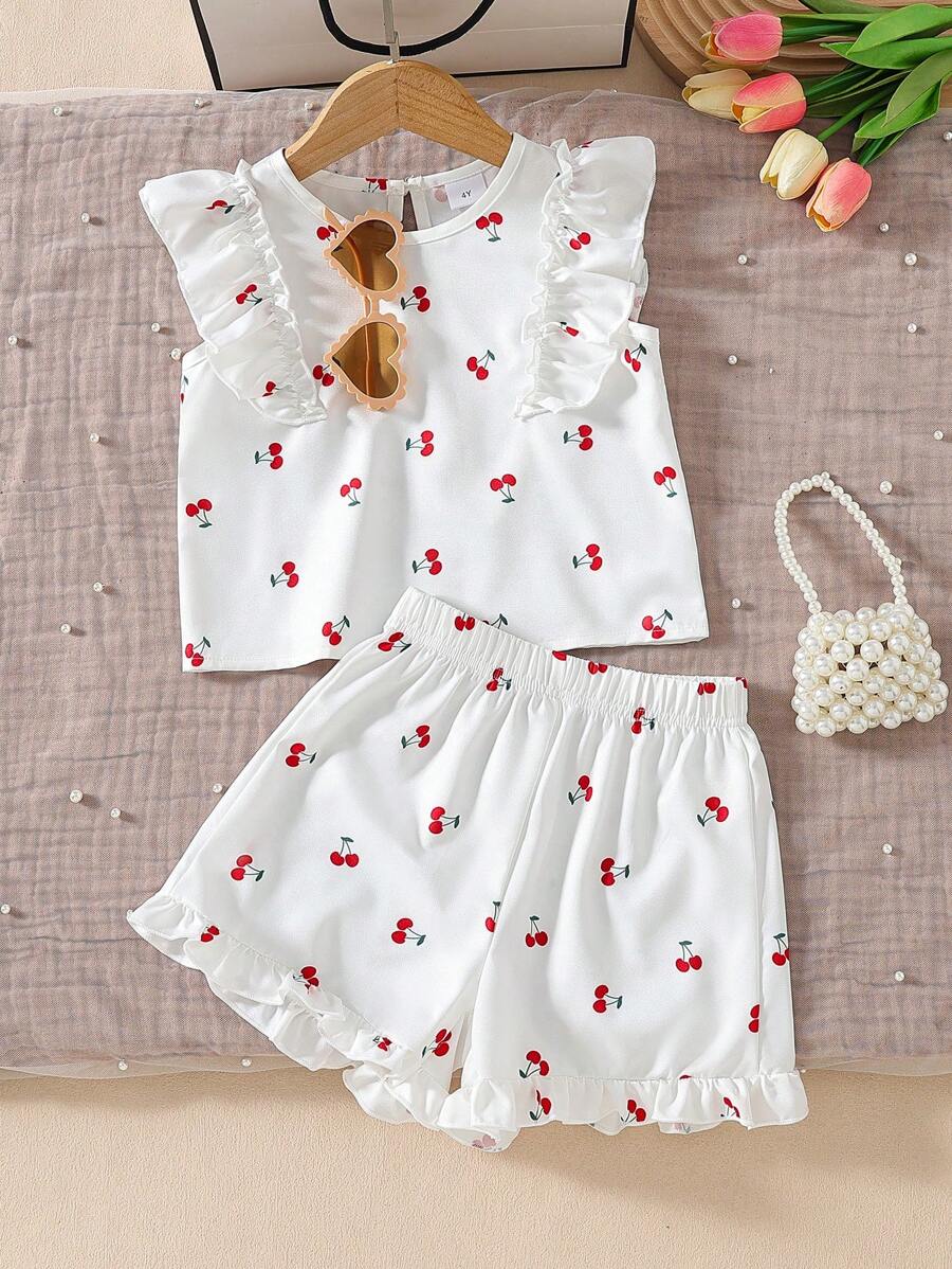 Set 2 bucăți pentru fetiță, vară, alb, cireș, imprimeu, set de tricou și pantaloni scurți fără mâneci, costum pentru călătorii de vacanță primăvara și vara