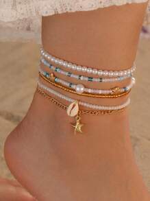 6/7pcs Bohemian Style Beachy Sea Star, Shell And Rice Bead Elastic Anklet Set, Summer - Multicolor - View 14