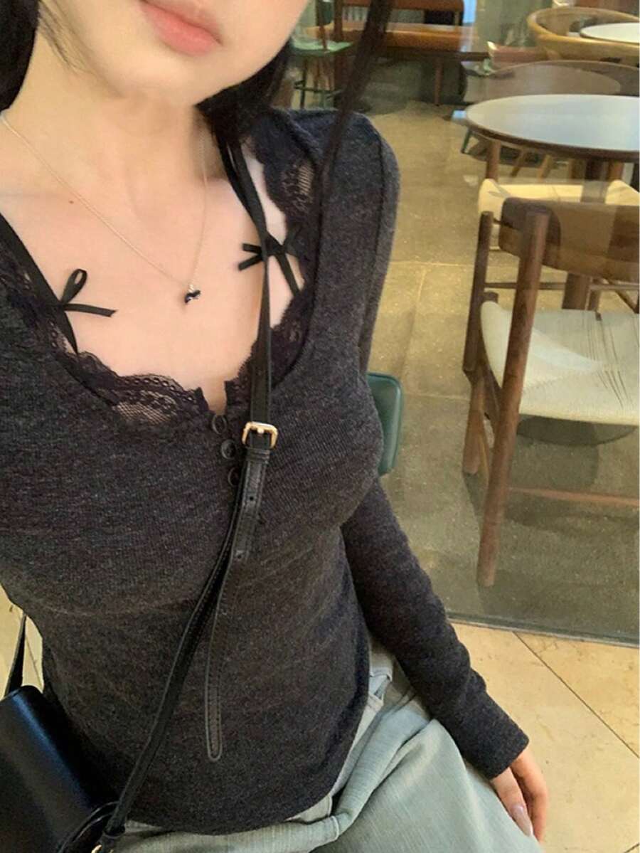 灰色蕾丝边性感露脐V领针织上衣，春夏休闲款 - 深灰色 - 查看 1