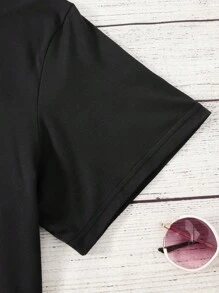 Summer And Spring Patterned T-Shirts, Short-Sleeved Round Neck Casual Tops, Women's Clothing - 黑色 - 查看 4