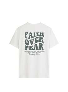 Ladies' Spring And Summer New Style Faith Over Fear Letter Print Daily Casual Round Neck Short Sleeved T-Shirt, Fashionable Vacation Style, Your Daily Necessity. Vacation Outfits Women Graphic Tees Women White Top