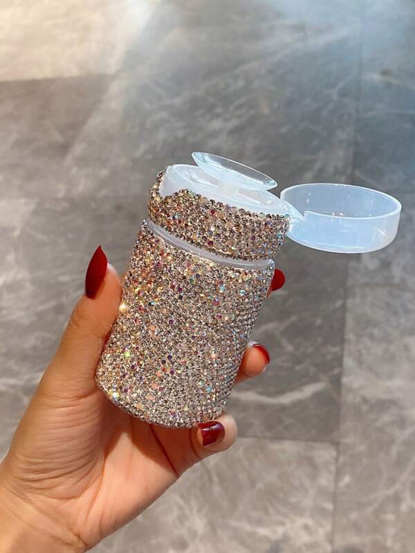 1st Push-Button Rhinestone Compact Makeup Remover, sprankelende stijl, cilindrische vorm, dicht op elkaar geplaatste strass-steentjes, dop met push-button-ontwerp, draagbare container voor make-up essentials, geschikt voor dagelijkse uitjes van vrouwen