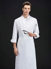 新款经典厨师服，长袖，双排扣，白色，高端酒店，餐厅，面包店，咖啡厅，采用精梳面料制成，亲肤舒适，透气，干净利落的剪裁设计，简洁优雅，小立领