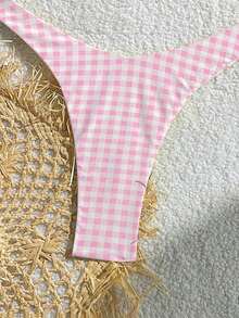 Women's Printed Fashionable Yellow Plaid Pattern Mini Triangle Bikini Set, Suitable For Summer Swimwear - Pink - View 5