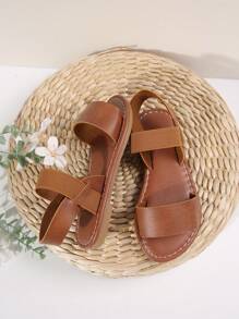 1 双儿童松紧带露趾平底凉鞋，轻便休闲罗马凉鞋适合3-15岁，可爱时尚，春夏新品