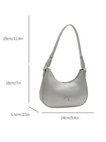 Solid Color Retro Minimalist Bow Decor Crescent Shoulder Bag, Suitable For Shopping, Wallet Carrying, Young Women, College Students, Career Starters, White-Collar Workers. Also Suitable For Office, University, Work, Business, Commuting, Outdoor Activities, Travel And Excursions. - Silver - View 6