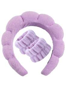 14 件纯色沐浴头带和沐浴腕带套装，洗脸头带、腕带、化妆护肤头带 - 彩色 - 查看 11