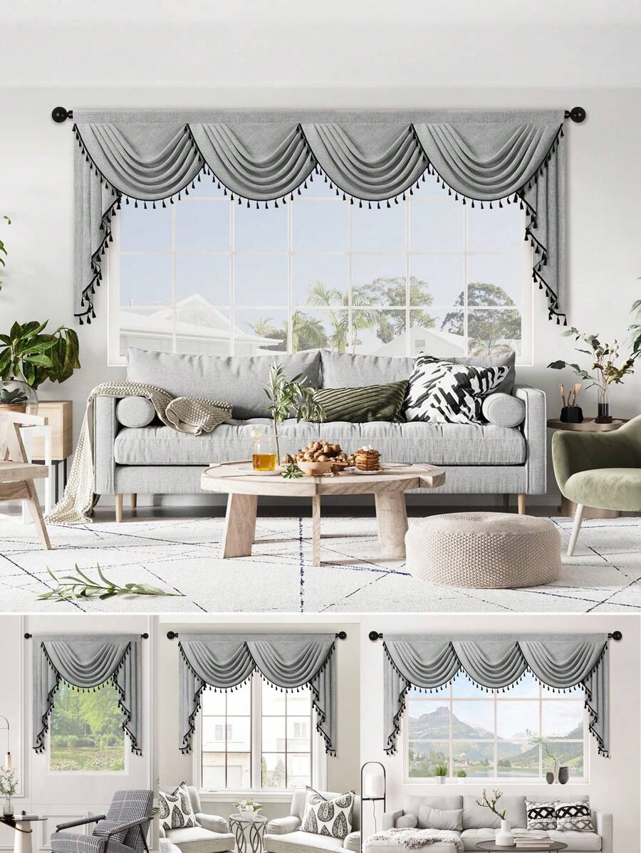 1pc Grey Fringed Curtain, Modern Business Style Imitation Linen Material Short Valance, Suitable For Living Room, Bedroom, Kitchen Window And Door Decoration