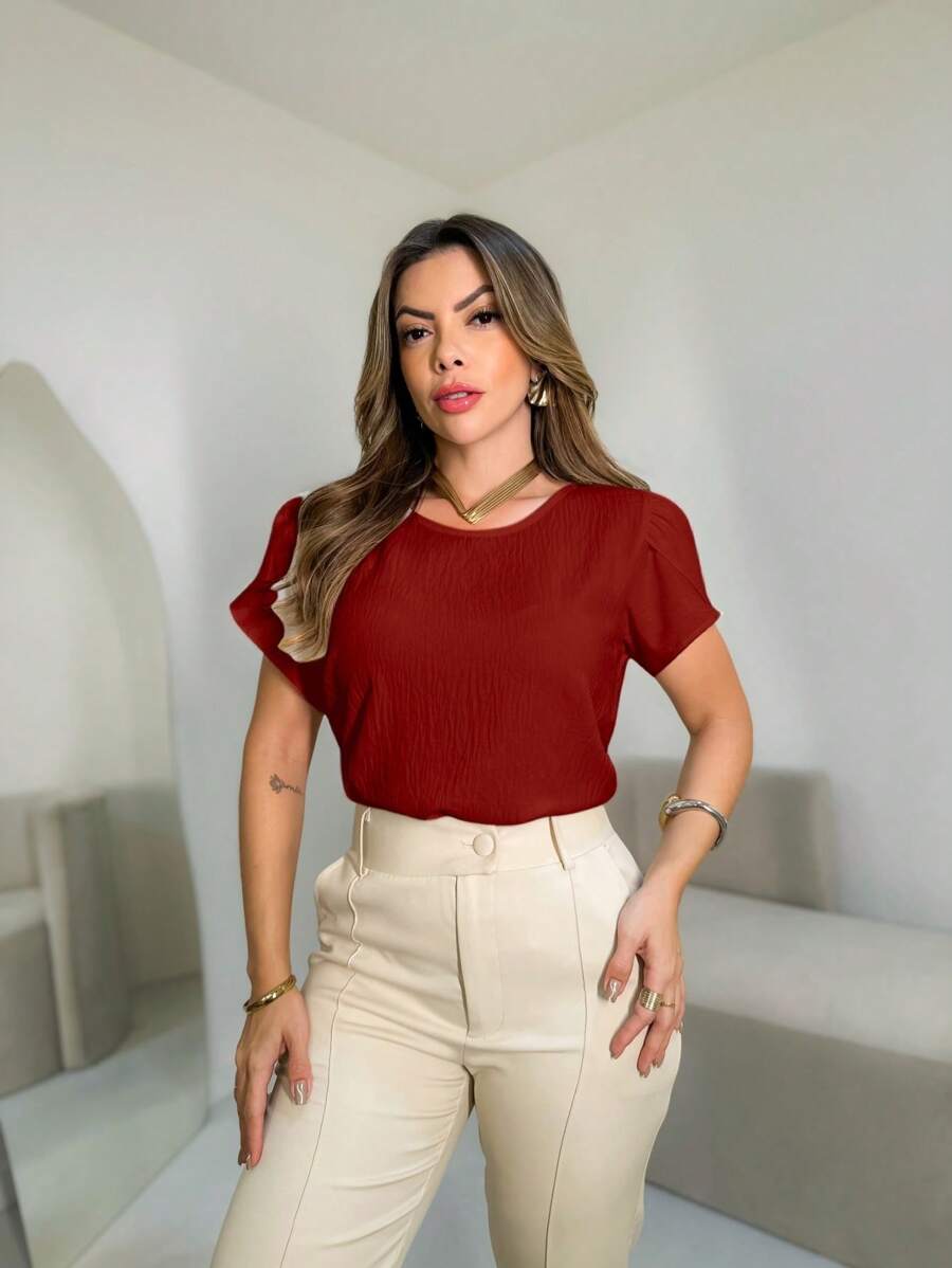 Duna Fabric Blouse With Princess Sleeves 2024 Look Women's Fashion Launch Fashion - Bordô - 查看 1
