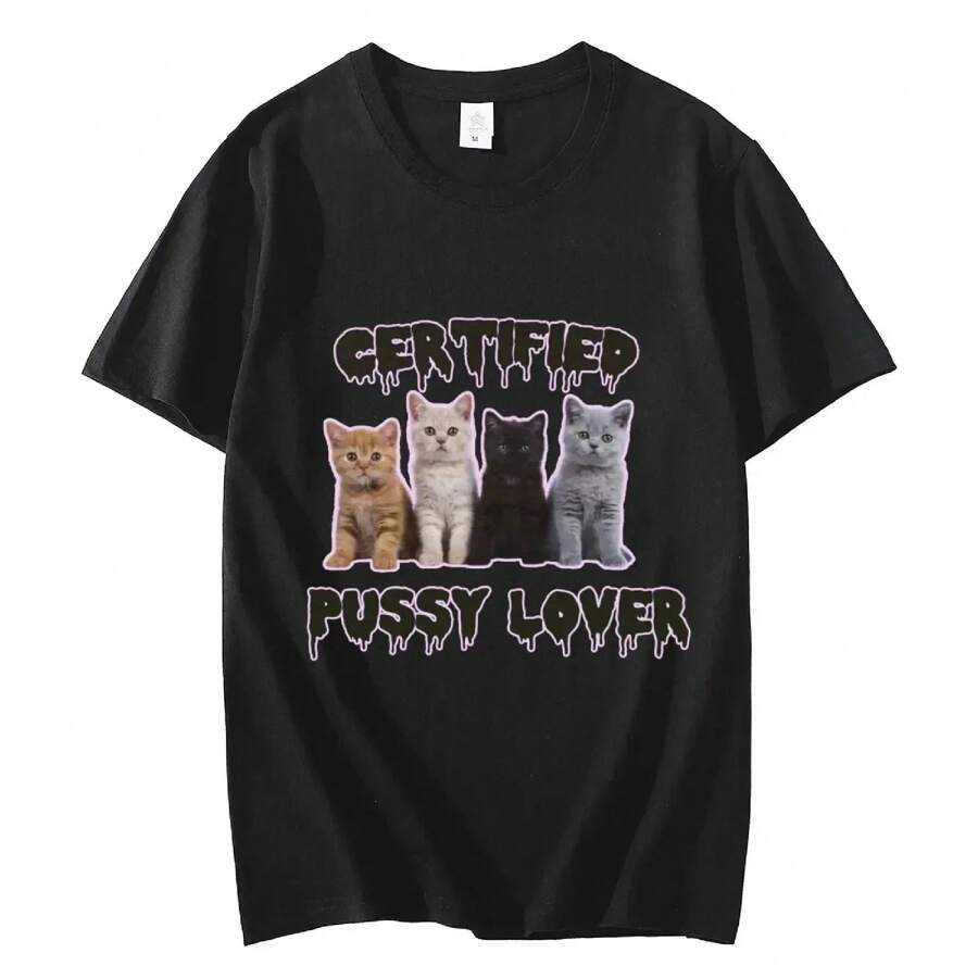Funny CerTified  Lover Meme Cat Graphic T Shirts Unisex Fashion Kawaii T-Shirt Street Casual Vintage T-Shirts - Black - View 1