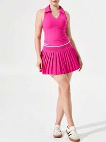 Women Spring/Summer High Waist Pleated Pocket Tennis Skirt, Lightweight Solid Color Pleated Skirt, 2-In-1 Appearance Women Elastic Waist Running Workout Yoga Shorts Women Pink Solid Color Midi Skirt