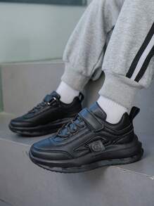 Kids Black Sneakers, Leather Water Resistant Breathable Student Campus Running Shoes For Boys/Girls, Children Casual Shoes, Teens Lightweight Comfortable Non-Slip Sports Shoes Suitable For Indoor/Outdoor Activities, School, Daily Wear