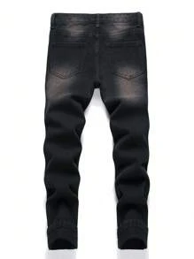 Jeans Denim Casuais Desfiados de Patchwork Xadrez Lavados para Meninos Pré-Adolescentes