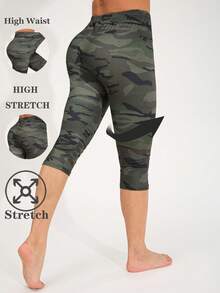 女士休闲时尚紧身裤，透气弹力紧身裤，欧美风格迷彩印花，适合家庭锻炼、瑜伽、户外海滩旅行、徒步旅行、露营、七分裤长度