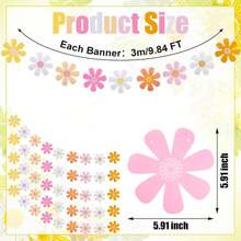 波西米亚雏菊纸花环 - 充满活力的60、70年代嬉皮士派对横幅，适合生日、婚礼、青少年派对 - 亮粉色、黄色、蓝色、橙色、紫色、白色花瓣搭配绿色花茎 - 非常适合房间或花园装饰，雏菊主题派对装饰 - 彩色 - 查看 2