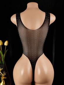 Body sexy da donna in rete nera con strass