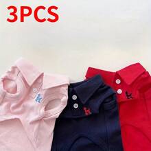 3 piezas Conjunto de camisa polo lisa con chaleco bordado para mascotas, primavera y verano
