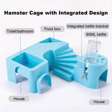 Cage à hamster avec un jouet bouilloire, bol à nourriture, plateforme de salle de bain, maison d'évasion et base de cage. Combinaison de cage en fil d'or et de jouet
