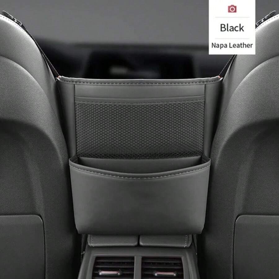 Car Seat Middle Storage Bag PU Leather Car Armrest Hanging Organizer Multifunction Handbag Holder Net Pocket Cup Tissue Storage - Black - View 1