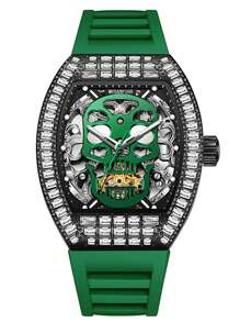 MUSANFIGO MUSANFIGO Heren Cool Dubbelzijdig Holle Wijnvat Vorm Wijzerplaat Automatisch Mechanisch Horloge, Hoogwaardig Stijlvol, Siliconen Band, Multifunctioneel Veelzijdig Heren Polshorloge