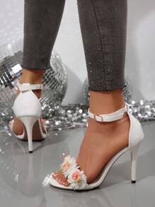 Women's Pointed Toe Hollow Out Flower Decor Thin Heels Strap Buckle Sandals - White - View 3