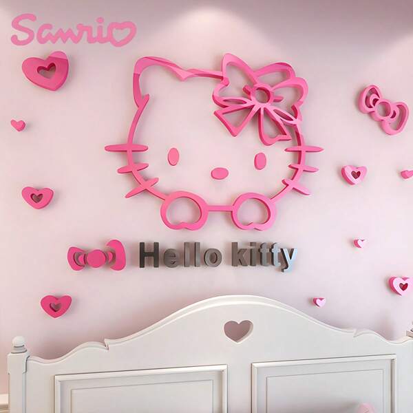 Sanrio [Favorito de los clientes] Decoración de pared con pegatinas de Hello Kitty de Sanrio, decoraciones de pared 3D de acrílico resistentes a la humedad y al moho, adecuadas para dormitorios de estudiantes, dormitorios, cabeceros, paredes, fiestas, [se requiere autoadhesivo], artículos escolares, vuelta al colegio