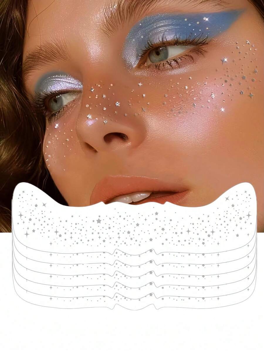 6 Blatt glitzernde Sommersprossen Silber Glitzer Sommersprossen Gesichts-Tattoo Glow Up Faux Tupfen Temporäre Fake Sommersprossen für Frauen