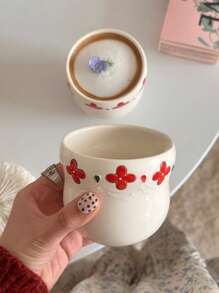 1 szt. 330 ml czerwony ceramiczny kubek z uchwytem, kubek do latte z wytłoczonym wzorem 3D, kreatywny kubek śniadaniowy w stylu chińskim, odpowiedni do mleka, herbaty, soku, deseru, do domu, biura, prezent noworoczny, pamiątka, prezent urodzinowy, restauracja, kuchnia