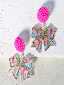 Pink Snail Handmade Funny Cute Statement Seed Bead Cartoon Kawaii Earrings, Fashion Jewelry With Oversized Bow Rabbit Animal Acrylic Resin Drop Dangle Earrings For Women/Girls, Summer/Winter, Vacation, Holiday, Beach Party, Valentine's Day Gift - Big Bow Bunny - View 3