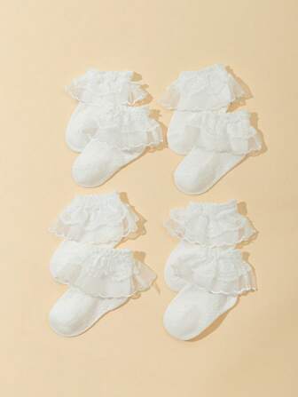 4 双儿童白色蕾丝透气时尚百搭蕾丝边袜子，适合儿童休闲日常穿着
